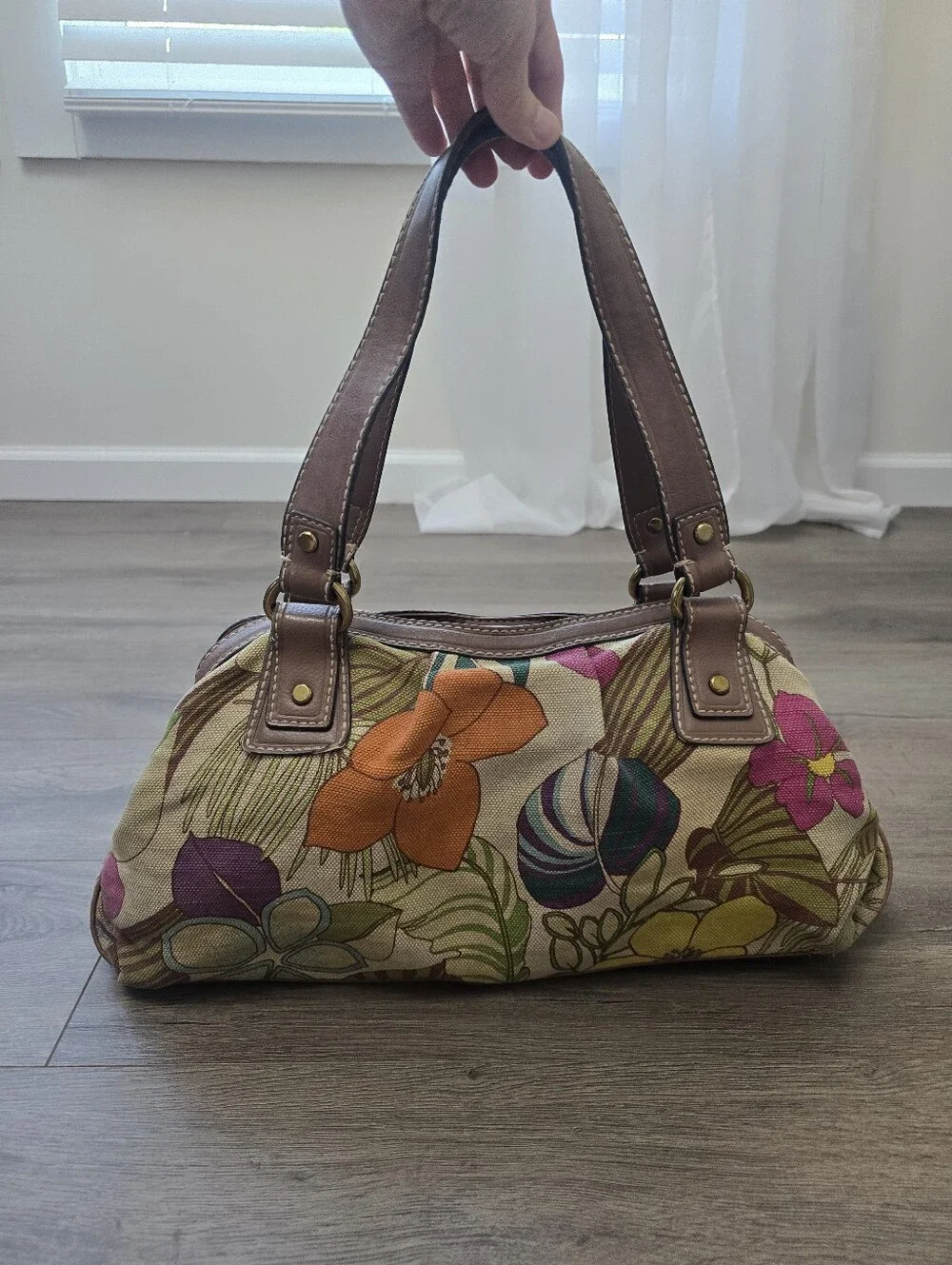 Fossil Key-Per Floral Canvas Hobo Shoulder Bag Brown Leather Trim